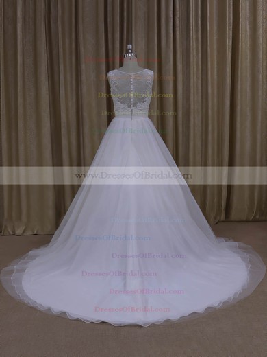 Simple Scoop Neck Tulle Appliques Lace Court Train Covered Button Wedding Dresses #DOB00022048
