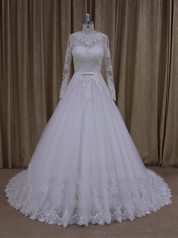 Ivory Long Sleeve Scoop Neck Tulle Appliques Lace Chapel Train Wedding Dresses #DOB00022050
