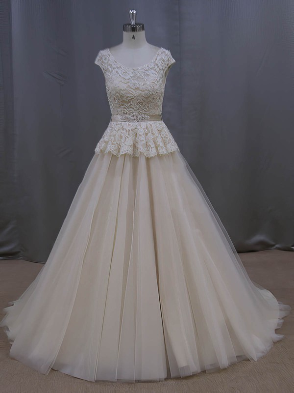 Court Train Champagne Lace Tulle Sashes/Ribbons Amazing Scoop Neck Wedding Dresses #DOB00022053