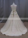 Court Train Champagne Lace Tulle Sashes/Ribbons Amazing Scoop Neck Wedding Dresses #DOB00022053