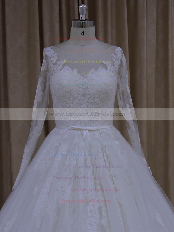 Scoop Neck Ivory Long Sleeve Tulle Appliques Lace Ball Gown Exclusive Wedding Dresses #DOB00022054