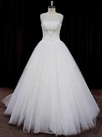 Ball Gown Tulle Appliques Lace Court Train Open Back Ivory Wedding Dresses #DOB00022058