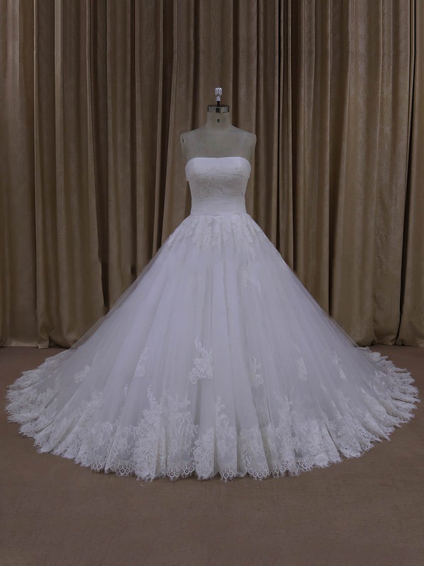 Strapless Lace-up Ivory Tulle with Appliques Lace Ball Gown Wedding Dresses #DOB00022062