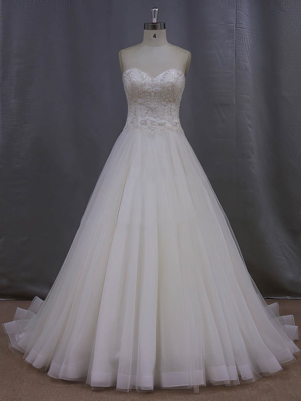 Perfect Sweetheart Tulle with Beading Court Train Ivory Wedding Dresses #DOB00022064