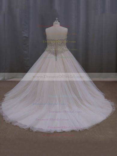 Casual Champagne Court Train Tulle Crystal Detailing Sweetheart Wedding Dresses #DOB00022069
