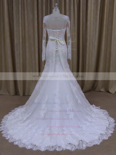 White Long Sleeve Tulle with Appliques Lace Trumpet/Mermaid Wedding Dresses #DOB00022071