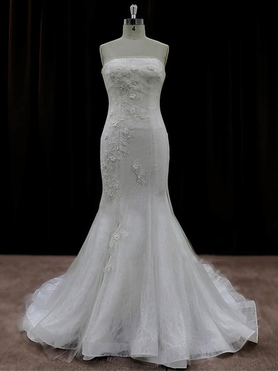 Ivory Tulle Appliques Lace Designer Strapless Trumpet/Mermaid Wedding Dresses #DOB00022074