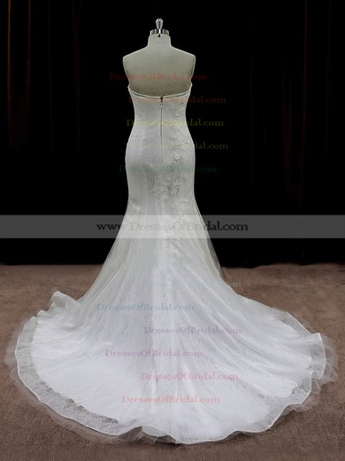 Ivory Tulle Appliques Lace Designer Strapless Trumpet/Mermaid Wedding Dresses #DOB00022074