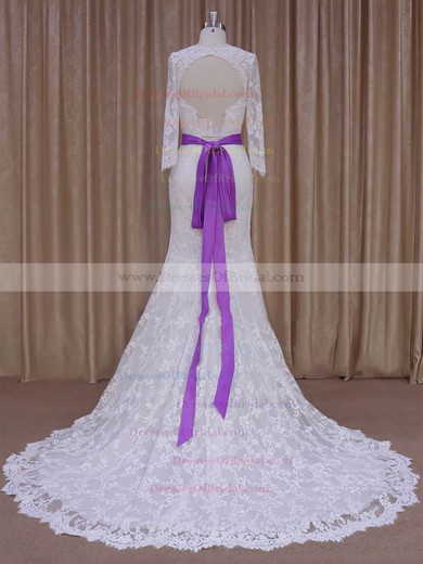Trumpet/Mermaid Long Sleeve Ivory Lace with Sashes/Ribbons Lace-up Wedding Dresses #DOB00022076