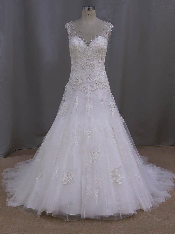 Ivory Court Train Tulle Appliques Lace Discount V-neck Wedding Dresses #DOB00022077
