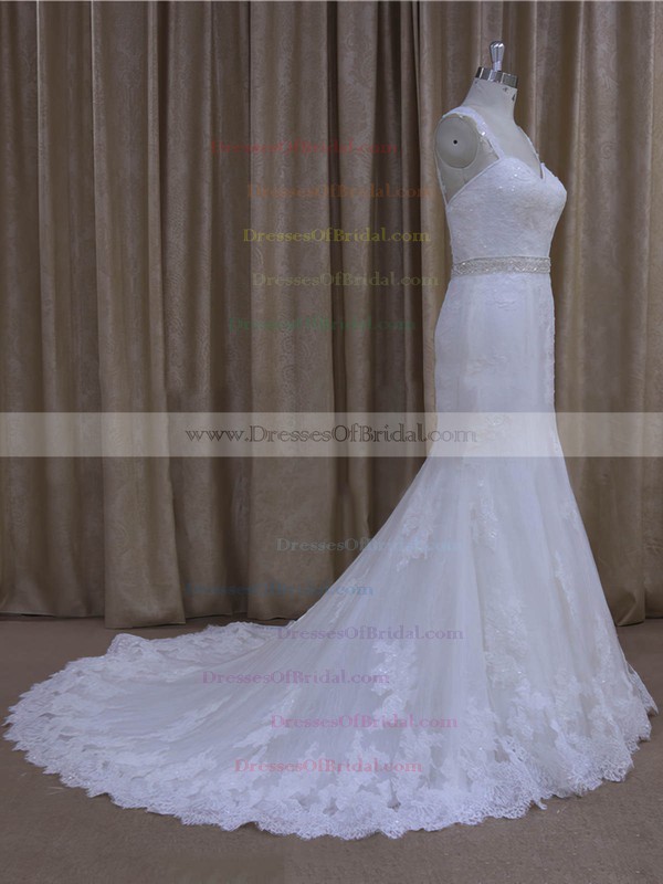 Sweetheart Open Back Ivory Tulle Appliques Lace Trumpet/Mermaid Wedding Dresses #DOB00022078