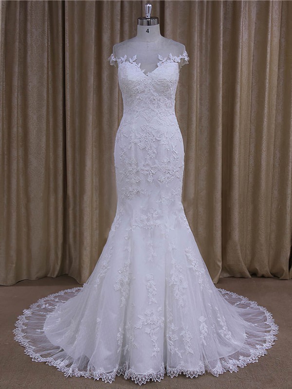 Elegant White Tulle Appliques Lace Trumpet/Mermaid Scoop Neck Wedding Dresses #DOB00022080