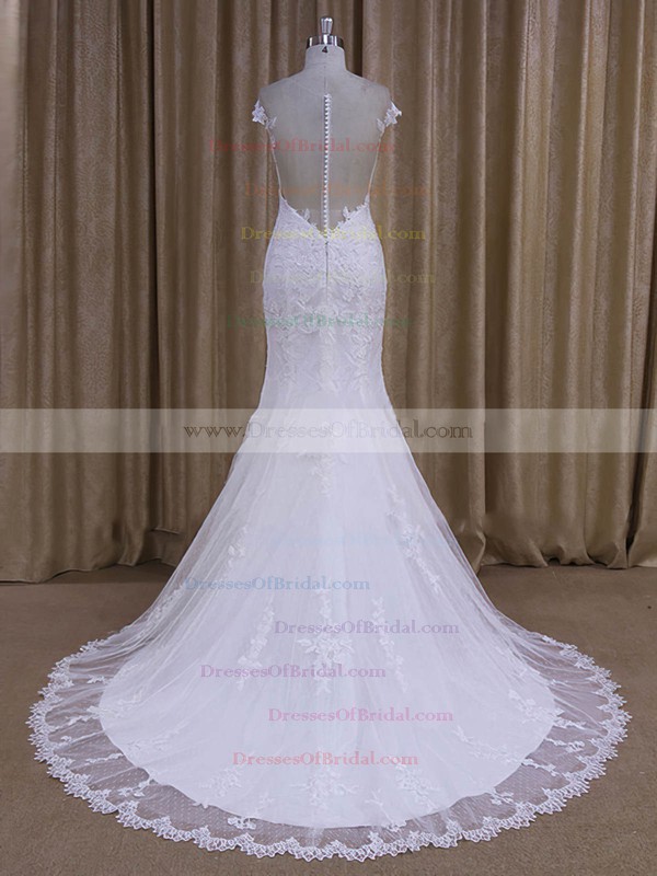 Elegant White Tulle Appliques Lace Trumpet/Mermaid Scoop Neck Wedding Dresses #DOB00022080