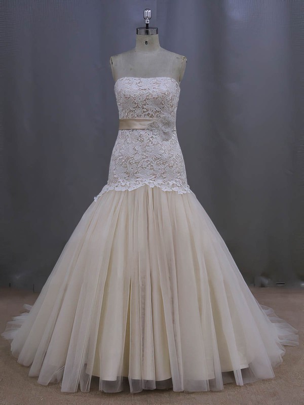 Modest Strapless Trumpet/Mermaid Lace Tulle with Sashes/Ribbons Champagne Wedding Dresses #DOB00022082