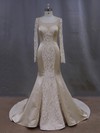 Online Scoop Neck Long Sleeve Champagne Lace Satin Trumpet/Mermaid Wedding Dresses #DOB00022083