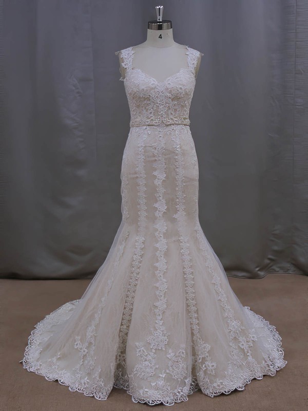 Simple Trumpet/Mermaid Lace Tulle Sashes/Ribbons V-neck Ivory Wedding Dresses #DOB00022085
