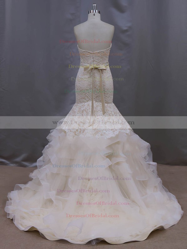 Champagne Lace Tulle Tiered Trumpet/Mermaid Unique Sweetheart Wedding Dresses #DOB00022086