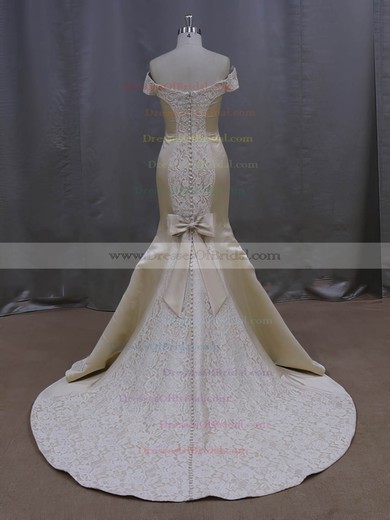Amazing Off-the-shoulder Champagne Lace Satin Bow Court Train Wedding Dresses #DOB00022087