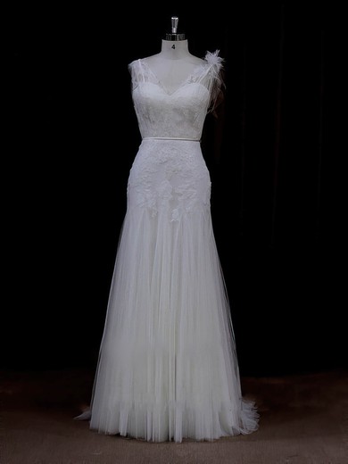 V-neck Exclusive Tulle with Appliques Lace Ivory Sheath/Column Wedding Dresses #DOB00022088