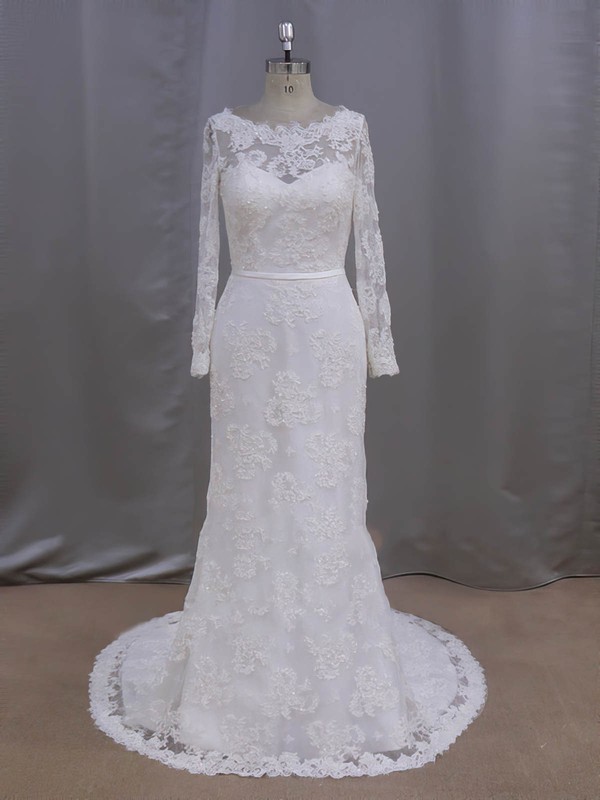 Sheath/Column Ivory Lace with Sequins Long Sleeve Scoop Neck Wedding Dresses #DOB00022090