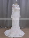 Sheath/Column Ivory Lace with Sequins Long Sleeve Scoop Neck Wedding Dresses #DOB00022090