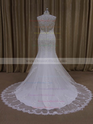 Gorgeous Ivory Trumpet/Mermaid Tulle Appliques Lace V-neck Wedding Dresses #DOB00022092