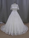 Ball Gown Ivory Tulle Appliques Lace 1/2 Sleeve Scoop Neck Wedding Dresses #DOB00022093