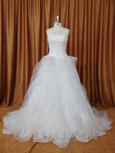 A-line Ivory Tulle with Appliques Lace Inexpensive Strapless Wedding Dresses #DOB00022094