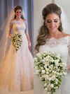 Online Lace Tulle Sequins Sweep Train Long Sleeve Off-the-shoulder Wedding Dresses #DOB00022499
