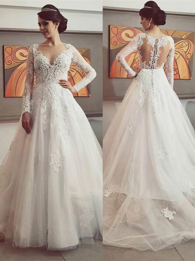 Princess Tulle with Appliques Lace Court Train Long Sleeve Designer Wedding Dresses #DOB00022500