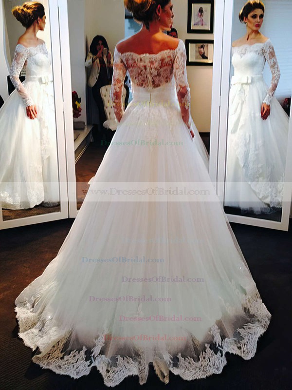 Princess Off-the-shoulder Modest Tulle Appliques Lace Long Sleeve Wedding Dresses #DOB00022502