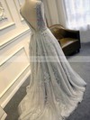 Elegant Scoop Neck Tulle Sweep Train Appliques Lace Open Back Wedding Dresses #DOB00022507