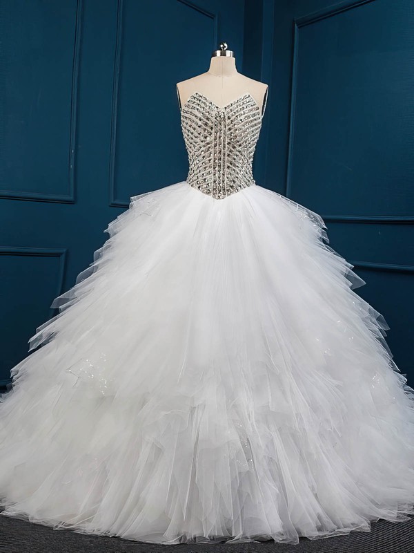 Unique Chapel Train White Tulle with Crystal Detailing Ball Gown Wedding Dresses #DOB00022509