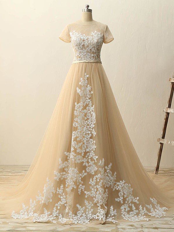 Champagne Tulle Appliques Lace Court Train Classy Short Sleeve Wedding Dresses #DOB00022511