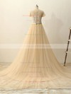 Champagne Tulle Appliques Lace Court Train Classy Short Sleeve Wedding Dresses #DOB00022511