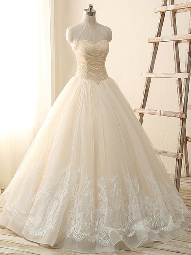 Different Ivory Tulle with Beading Ball Gown High Neck Wedding Dress #DOB00022514
