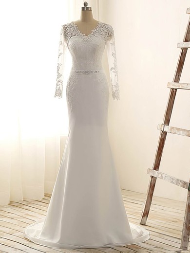 Discount V-neck Chiffon Appliques Lace Trumpet/Mermaid Long Sleeve Wedding Dress #DOB00022515