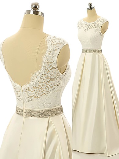 Scoop Neck Elastic Woven Satin Lace Sashes / Ribbons Sweep Train Open Back New Wedding Dress #DOB00022517