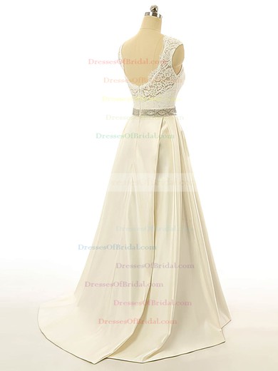 Scoop Neck Elastic Woven Satin Lace Sashes / Ribbons Sweep Train Open Back New Wedding Dress #DOB00022517