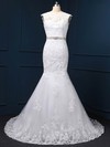 Exclusive White Tulle Appliques Lace Scoop Neck Trumpet/Mermaid Wedding Dress #DOB00022519
