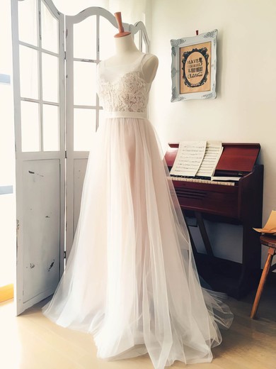 Scoop Neck Tulle with Appliques Lace Sweep Train Boutique Wedding Dress #DOB00022521