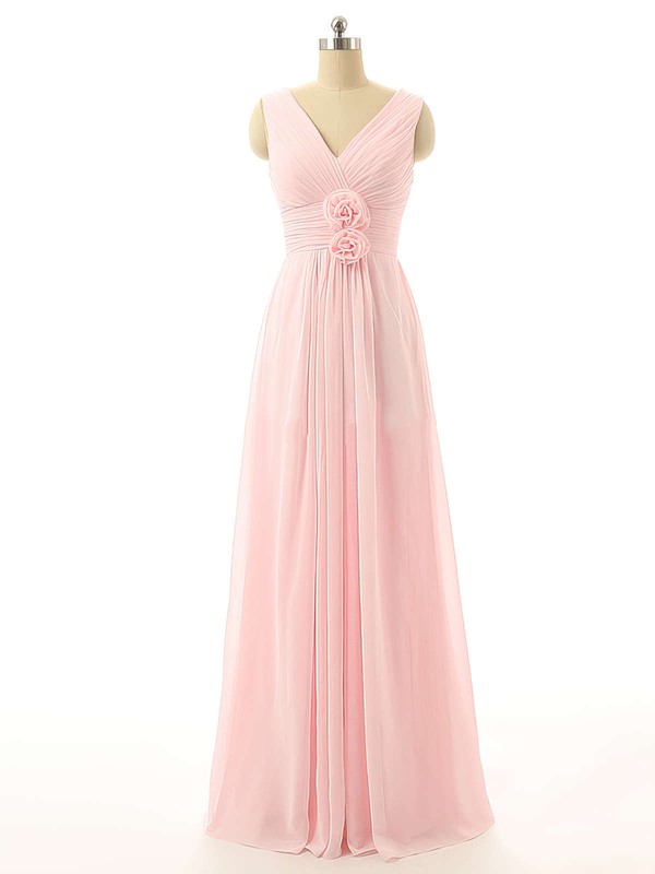Online V-neck Pink Chiffon with Flower(s) Floor-length Bridesmaid Dresses #DOB01012726
