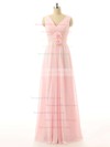 Online V-neck Pink Chiffon with Flower(s) Floor-length Bridesmaid Dresses #DOB01012726