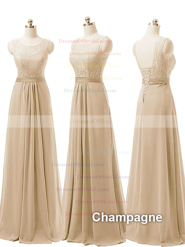 Pretty A-line Scoop Neck Chiffon with Lace Blue Long Bridesmaid Dresses #DOB01012730