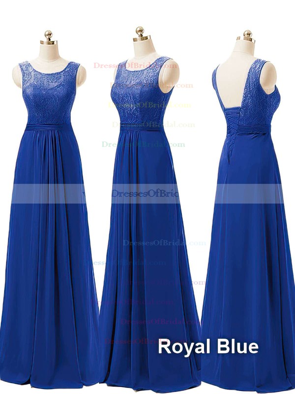 Pretty A-line Scoop Neck Chiffon with Lace Blue Long Bridesmaid Dresses #DOB01012730