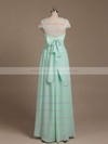 Inexpensive Floor-length Scoop Neck Chiffon Lace with Bow Short Sleeve Bridesmaid Dresses #DOB01012733