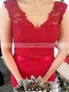 Unique Trumpet/Mermaid V-neck Silk-like Satin Appliques Lace Red Bridesmaid Dresses #DOB01012744