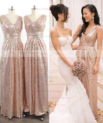 Sheath/Column V-neck Sequined with Ruffles Discount Bridesmaid Dresses #DOB01012745