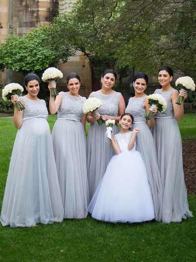Scoop Neck Tulle Floor-length with Beading Affordable Bridesmaid Dresses #DOB01012747