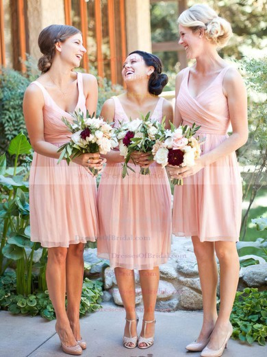 Affordable Chiffon Knee-length Ruffles Pink V-neck Bridesmaid Dresses #DOB01012754